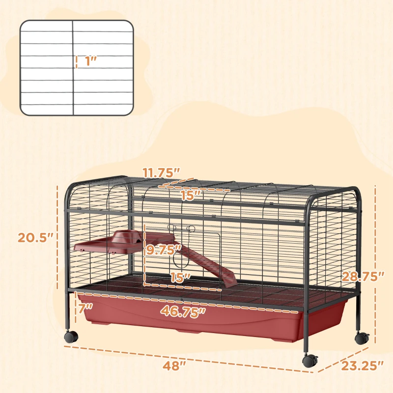 PawHut 48" L Small Animal Cage, Pet Play House for Rabbit Hutch or Ferret with Feeder, Rolling Wheels, Platform, Ramp