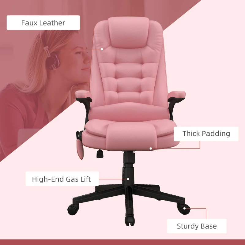 HOMCOM Massage Office Chair, Heated Reclining Computer Chair with 6 Vibration Points, Armrest and Remote, Pink