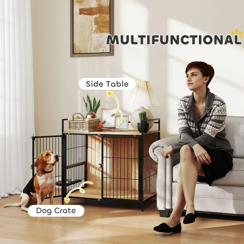 PawHut 30 Inch Dog Crate Furniture, Indoor Pet Kennel Side Table with Rotatable Bowls, 2 Anti-Escape Doors, for M Dogs, Oak