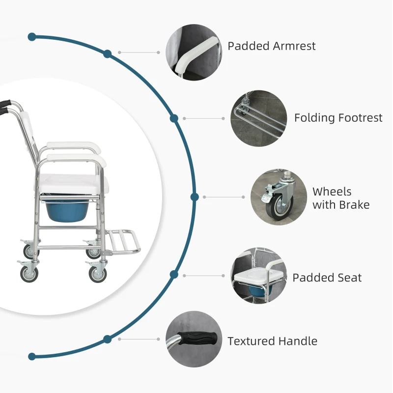 HOMCOM 3-in-1 Shower Commode Wheelchair, FSA/HSA Eligible Transport Beside Commode Chair, Waterproof Rolling Over Toilet Chair 330 lbs. Weight Capacity with Padded Seat, White