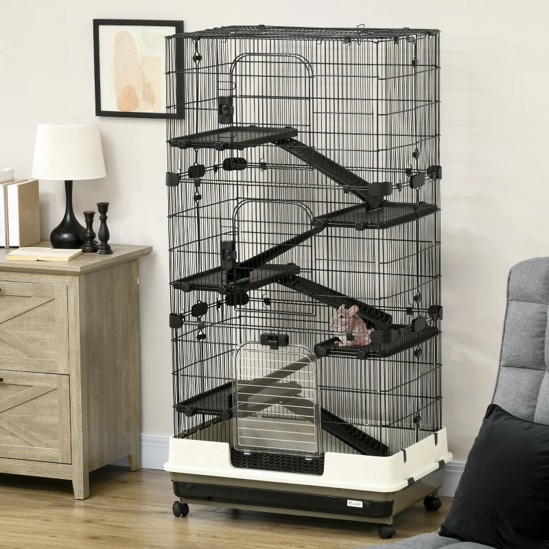 PawHut 6-tier Platform Rolling Small Animal Rabbit Cage with a Large Living Space, Black
