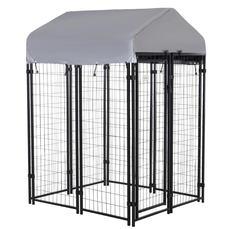 PawHut Outdoor Dog Kennel with Roof, 4' x 4' x 6' Heavy Duty Welded Wire Dog Playpen Enclosure with Escape-proof Lock, UV-Resistant & Waterproof Cover, for Medium Dogs, Chickens, Ducks, Silver