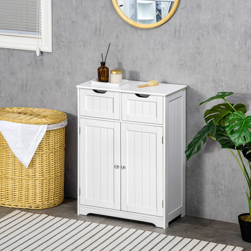 kleankin Freestanding Bathroom Storage Cabinet, Floor Cabinet with 2 Drawers, Adjustable Shelf, for Bathroom, Living Room or Entryway, White