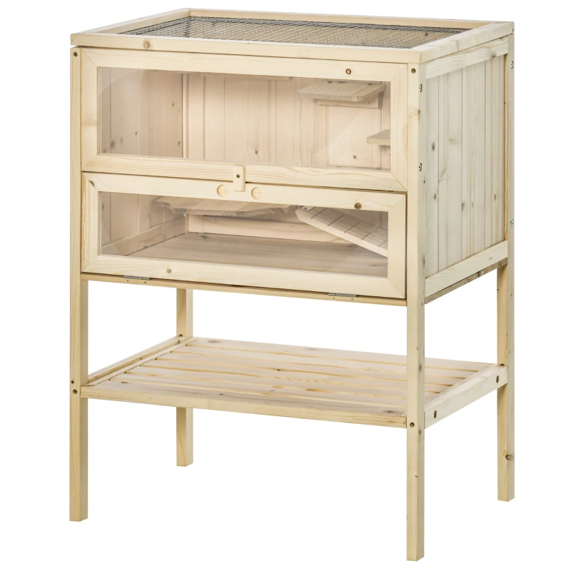 PawHut 3-Tier Wooden Hamster Cage Mice and Rat Cage Small Animals Hutch with Openable Top, Front Door, Shelf, Natural Wood