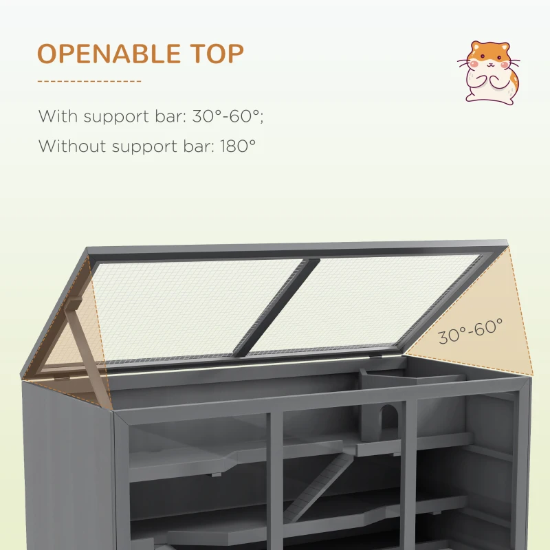 PawHut Extra Large Wooden Hamster Cage with Opening Roof, Hut, Ramps, Gray