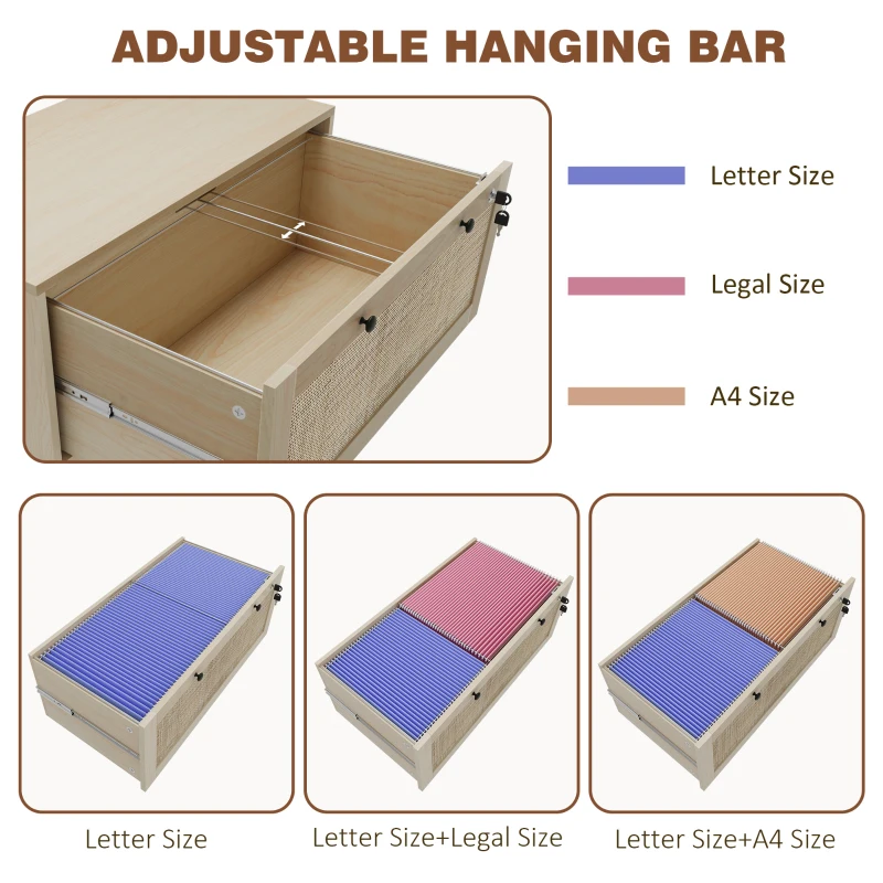 Vinsetto 2-Drawer Filing Cabinet with Lock, Rattan File Cabinet with Adjustable Hanging Bar, Natural