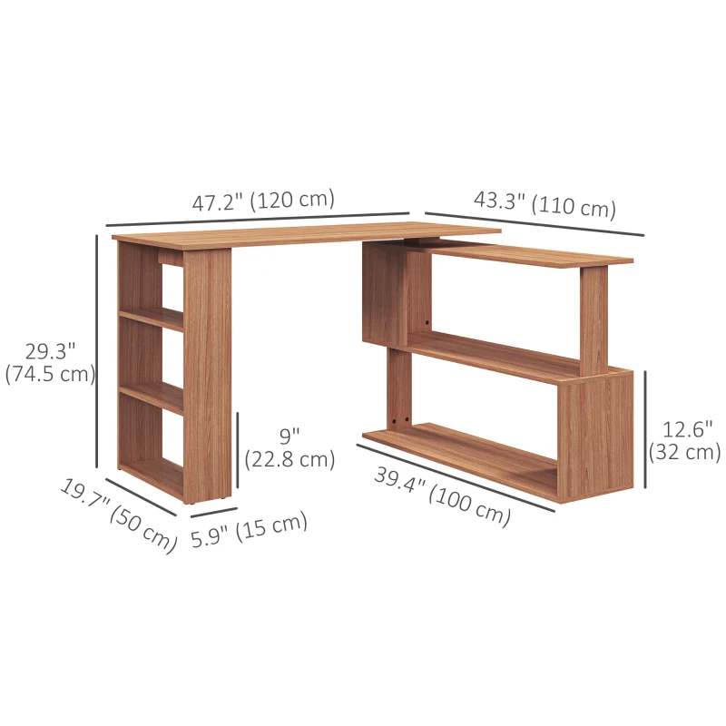 HOMCOM L Shaped Desk, 360° Rotating Corner Desk, Computer Writing Table Workstation with Storage Shelf for Home Office, Maple Brown