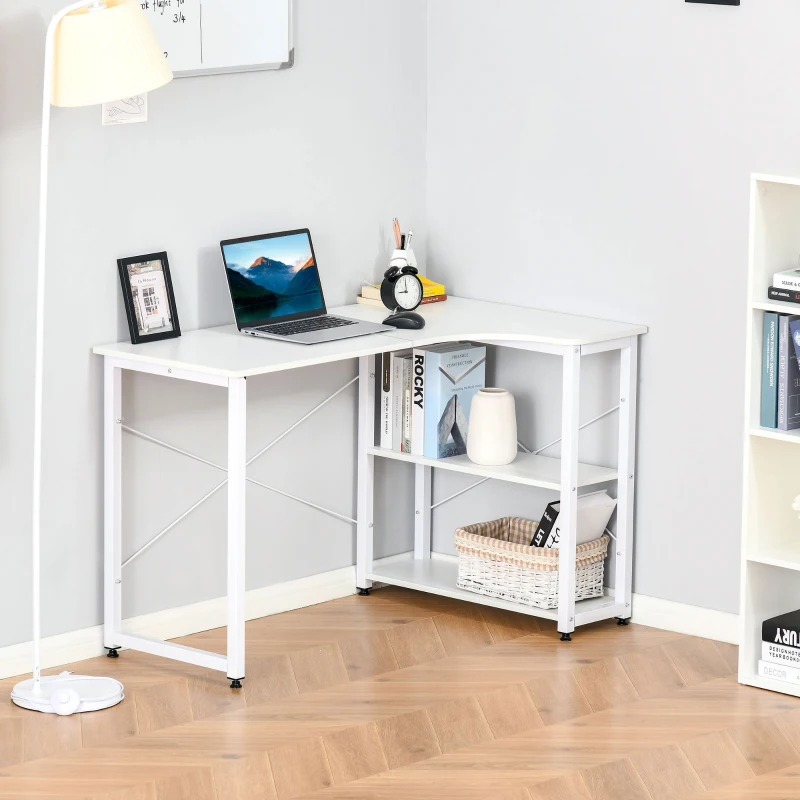 HOMCOM L-Shaped Computer Desk Home Office Corner Desk Study with Wide Desktop, 2 Side Shelves, Steel Frame, White