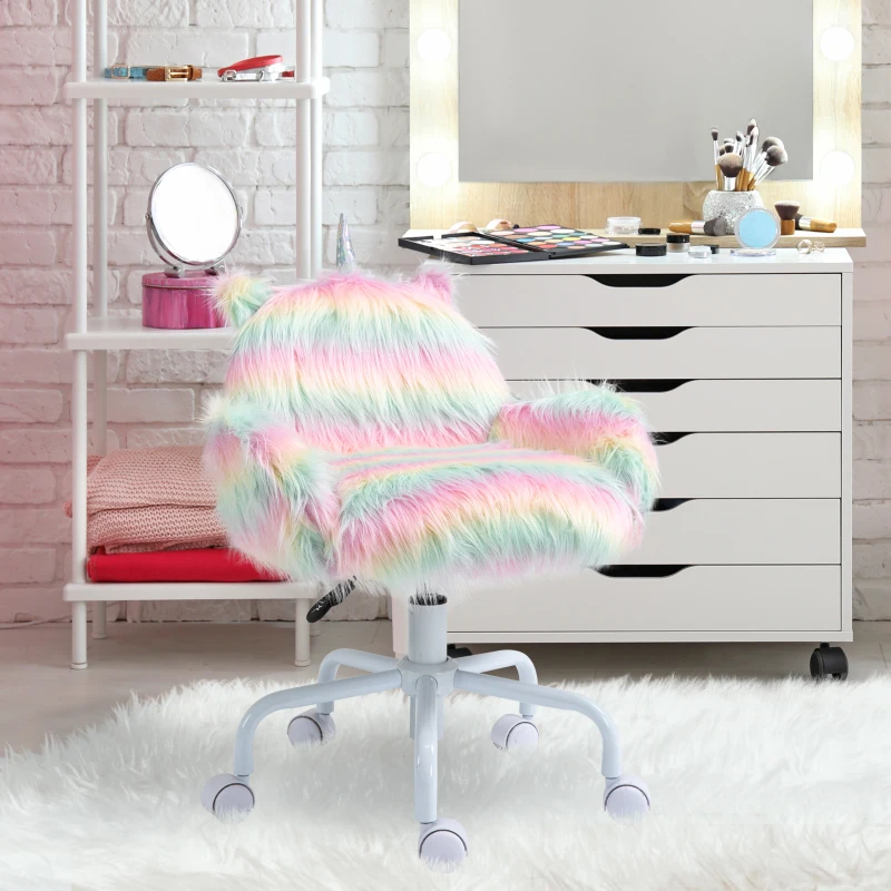 HOMCOM Fluffy Unicorn Office Chair with Mid-Back and Armrest Support, 5 Star Swivel Wheel White Base, Rainbow