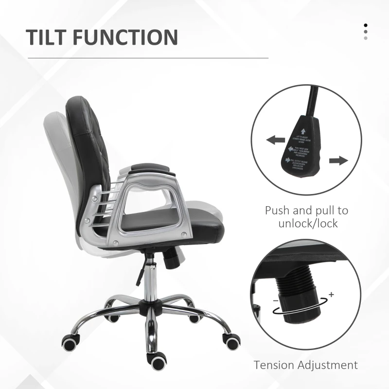 Vinsetto PU Leather Home Office Chair, Button Tufted Desk Chair with Padded Armrests, Adjustable Height and Swivel Wheels, Black