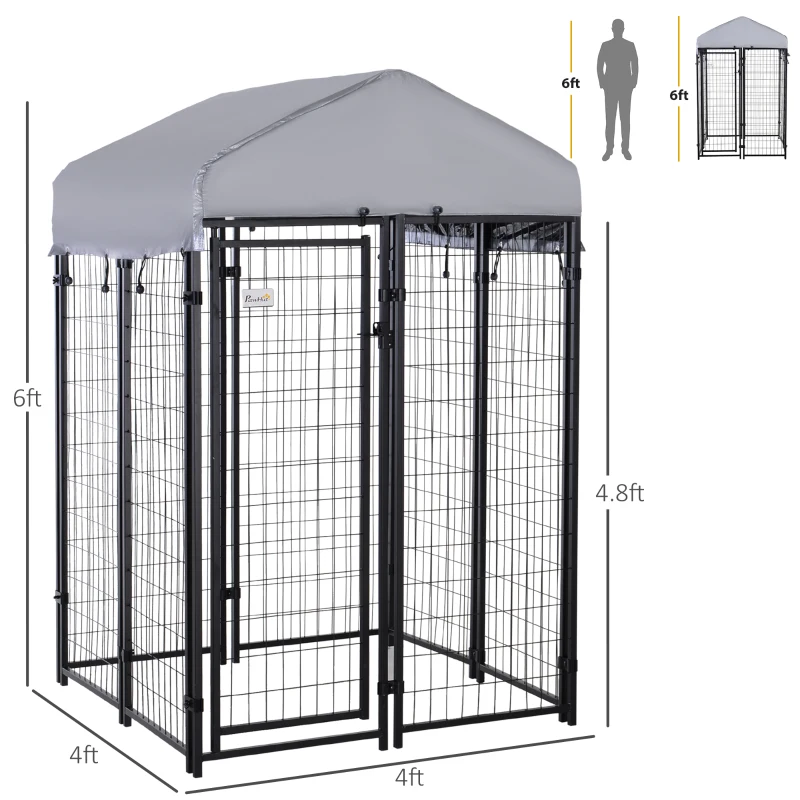 PawHut Outdoor Dog Kennel with Roof, 4' x 4' x 6' Heavy Duty Welded Wire Dog Playpen Enclosure with Escape-proof Lock, UV-Resistant & Waterproof Cover, for Medium Dogs, Chickens, Ducks, Silver