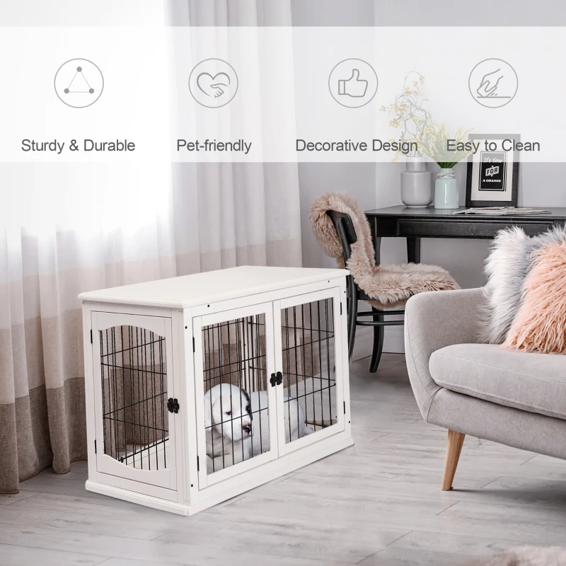 PawHut Dog Crate Furniture, 32" Small Dog Cage End Table with 2 Doors, Lockable Door, Puppy Kennel Indoor, White