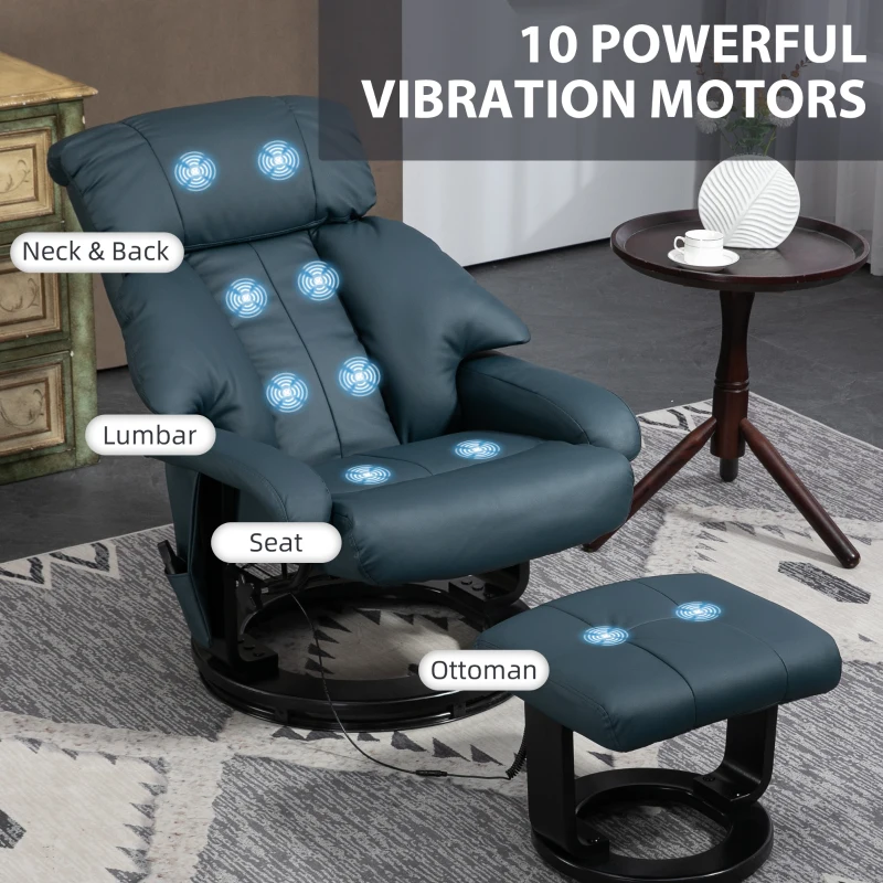 HOMCOM Swivel Recliner with Ottoman, Faux Leather Reclining Chair with Massage, Footstool Remote and Side Pocket, Blue