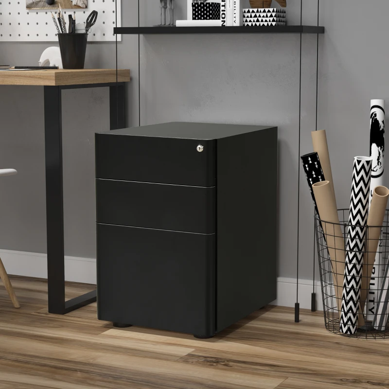 Vinsetto Metal Filing Cabinet 3 Drawer, Mobile Office Cabinet with Wheels for Legal, Letter, A4 File, Black