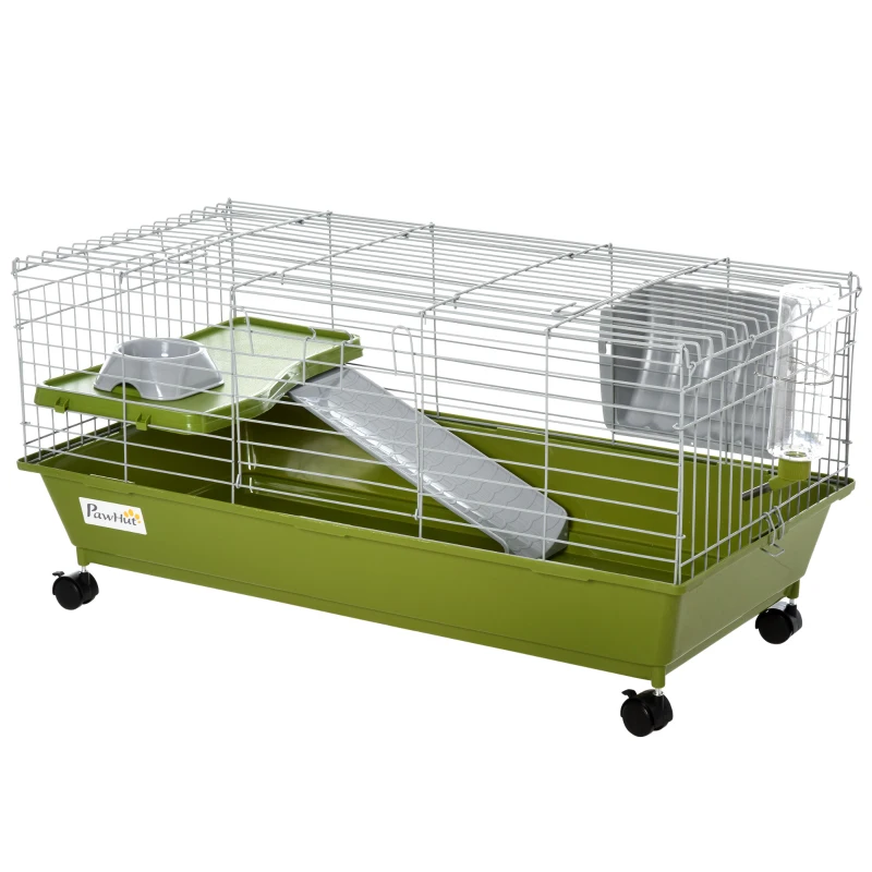 PawHut 35"L Small Animal Cage, Rolling Bunny Cage, Guinea Pig Cage with Food Dish, Water Bottle, Hay Feeder, Platform, Ramp for Chinchilla, Green