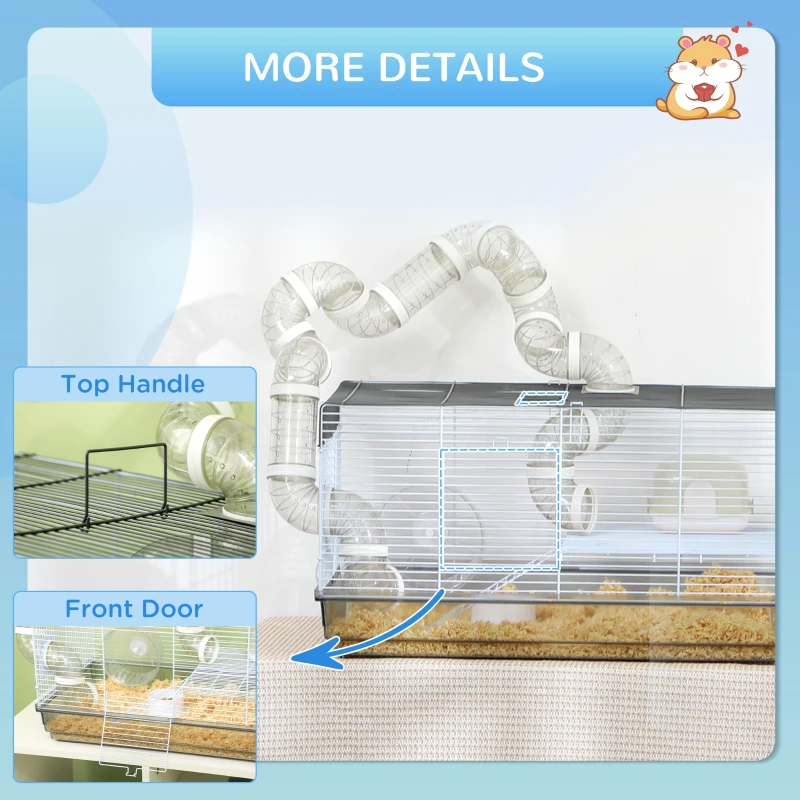 PawHut Small Animal Cage for Gerbil or Dwarf Hamster w/ Tubes, Exercise Wheel, Food Dish, Water Bottle, 23" x 13" x 12", Gray