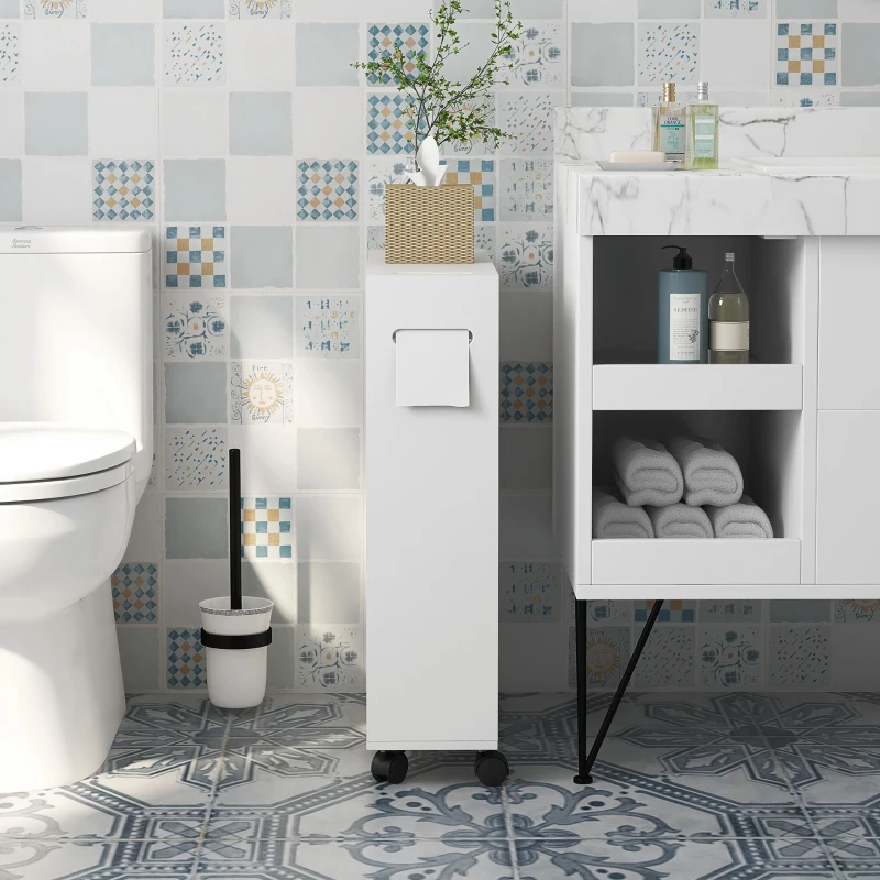 kleankin Toilet Paper Cabinet, Slim Bathroom Cabinet with 4 Rolling Wheels, Small Bathroom Storage Cabinet with Paper Holes, Sliding Doors and Adjustable Shelf for Small Space, White