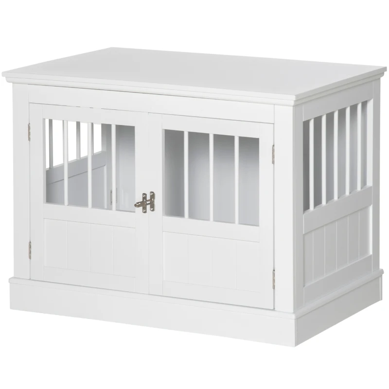PawHut Wooden Dog Crate End Table, Dog Crate Furniture with Triple Doors, Puppy Crate for Small Dogs Indoor Use, White