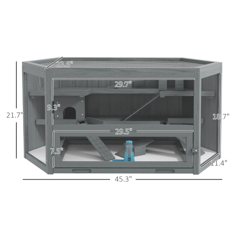 PawHut Wooden Hamster Cage Small Animal Exercise Play House 3 Tier with Tray, Seesaws, Water Bottle, Activity Center, Gray