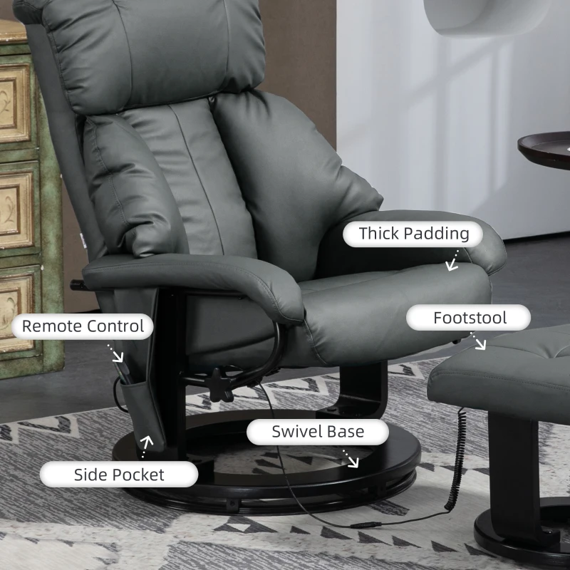 HOMCOM Swivel Recliner with Ottoman, Faux Leather Reclining Chair with Massage, Footstool Remote and Side Pocket, Gray