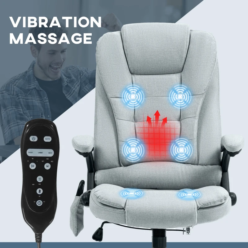 Vinsetto 6 Point Vibrating Massage Office Chair with Heat, Linen High Back Massage Desk Chair with Reclining Backrest, Light Gray