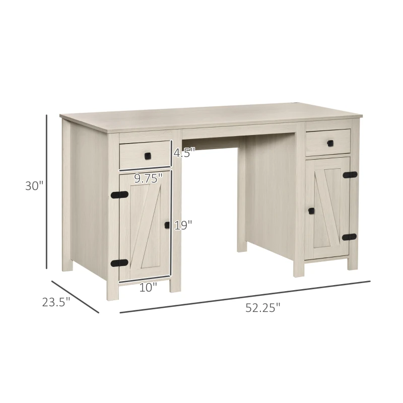 HOMCOM Farmhouse Computer Desk with Storage, Home Office Desk with 2 Drawers and 2 Cabinets, Cream White