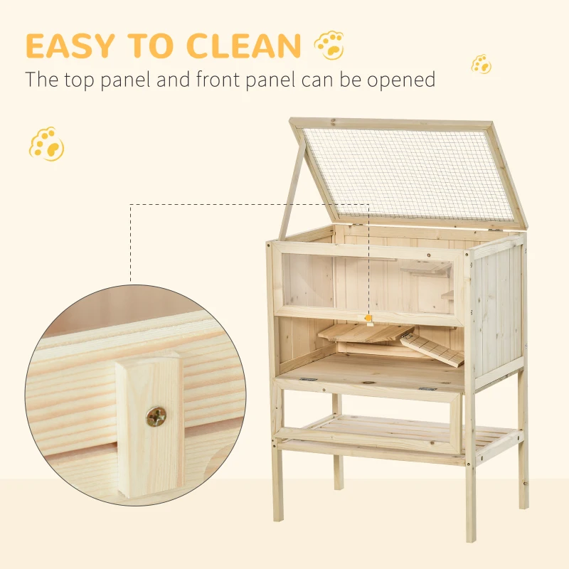 PawHut 3-Tier Wooden Hamster Cage Mice and Rat Cage Small Animals Hutch with Openable Top, Front Door, Shelf, Natural Wood