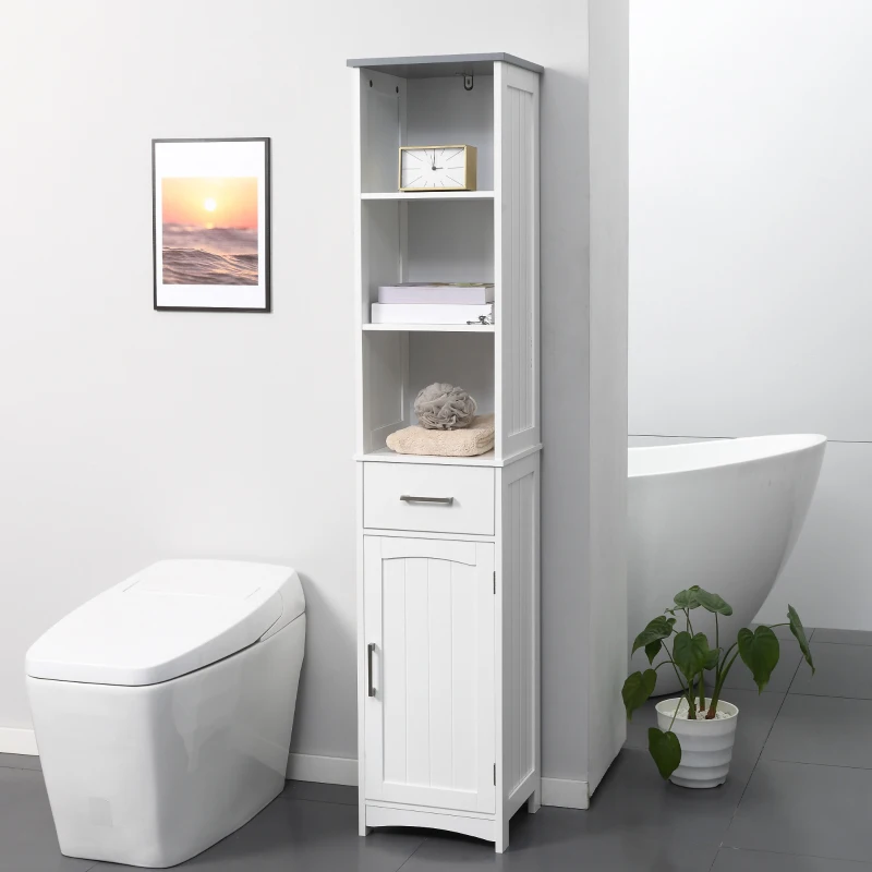 kleankin Tall Bathroom Storage Cabinet, Narrow Bathroom Cabinet with 3 Tier Shelving, Drawer and Adjustable Shelves, Slim Freestanding Linen Tower, White