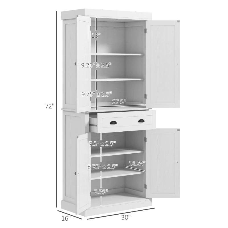 HOMCOM 72.5" Kitchen Cabinet, Pantry Storage Cabinet with Doors and Shelves, Freestanding Food Pantry Cabinet, White Wood Grain