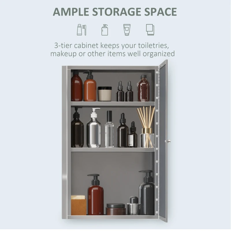 HOMCOM Bathroom Mirrored Cabinet, Vertical 16" x 24" Stainless Steel Frame Medicine Cabinet, Wall-Mounted Storage Organizer with Single Door
