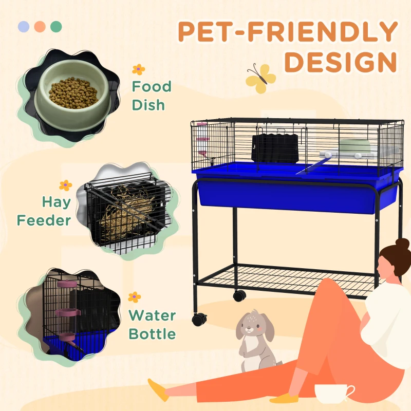 PawHut Two-Story Small Animal Cage Removable from Stand, Pet Habitat with Shelf & Wheels, 33" x 18.5" x 35", Blue