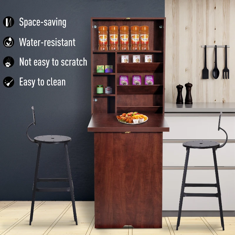 HOMCOM Wall Mounted Desk, Fold Out Convertible Desk, Multi-Function Computer Table Floating Desk with Shelves for Home Office, Mahogany