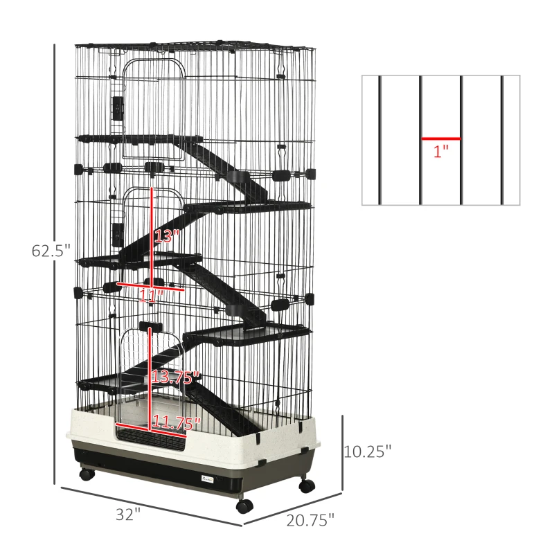 PawHut 32"L 6-Level Small Animal Cage Rabbit Hutch with Universal Lockable Wheels, Slide-out Tray for Bunny, Chinchillas, Ferret, Black