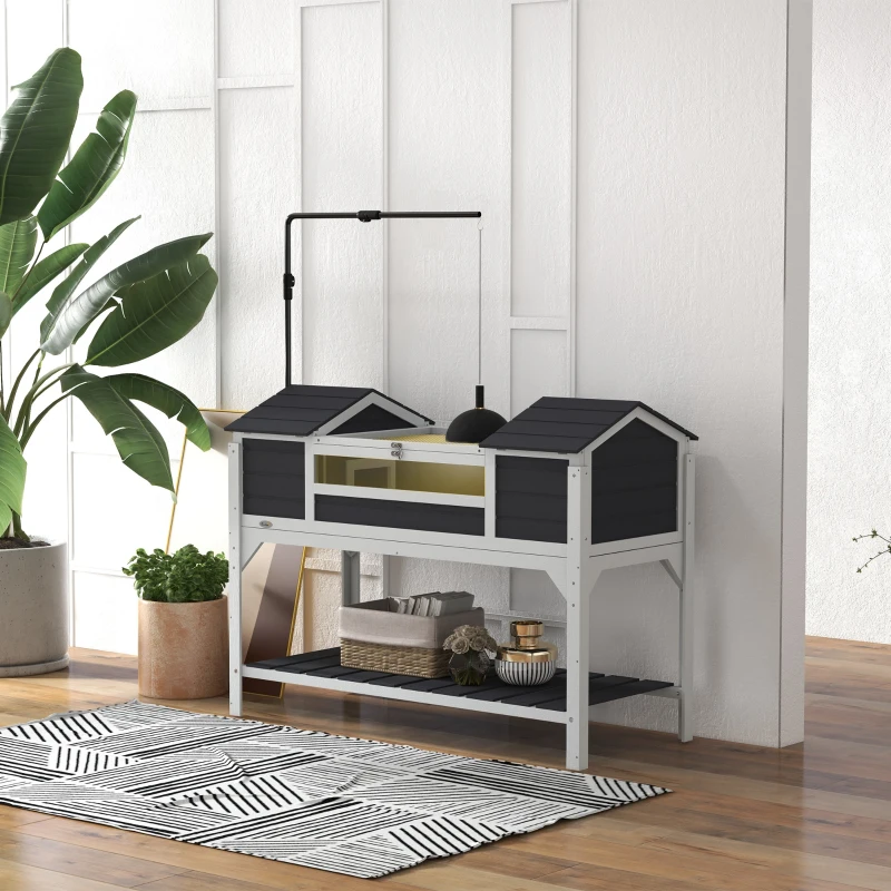 PawHut Tortoise Enclosure Tortoise House with Adjustable Lamp Holder Storage Shelf, Dual Main Houses, Openable Lid, Gray