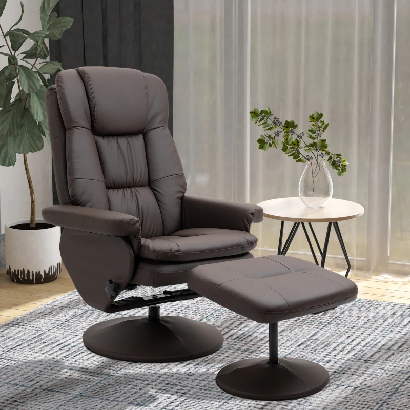HOMCOM PU Leather Recliner Chair with Ottoman, Swivel Recliner and Ottoman with Round Wrapped Base for Living Room, Brown