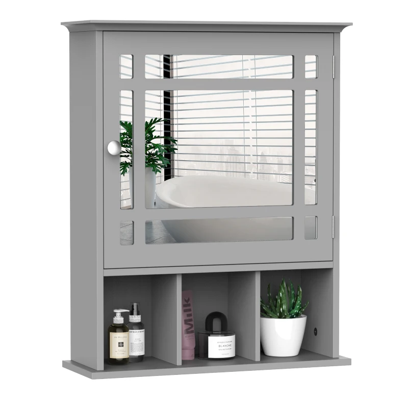 kleankin Bathroom Medicine Cabinet with Mirror, Wall Mounted Mirror Cabinet with Door and Storage Shelves, Gray