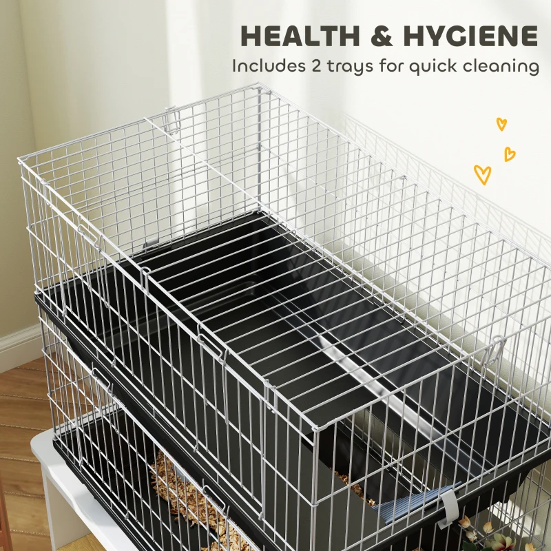 PawHut 2-Tier Small Animal Cage with 2 Doors, Trays, Dish, Bottle, and Ramp for Bunny, Ferret, Chinchilla, Black