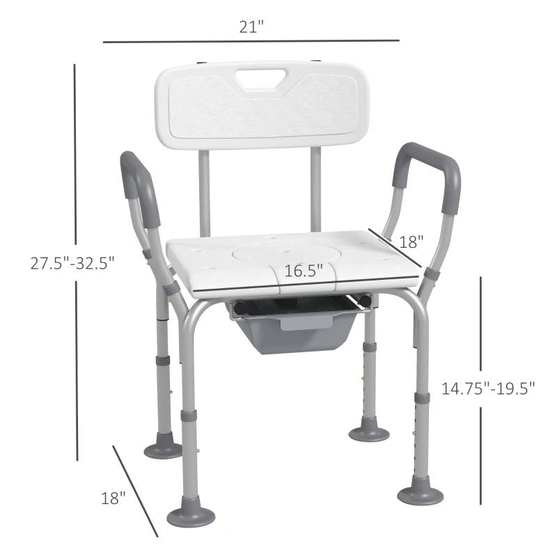 HOMCOM 3-in-1 Shower Chair with Back and Arms, Height Adjustable Bedside Commode, Raised Toilet Seat with Non-Slip Rubber Foot Pad for Seniors, Disabled, White