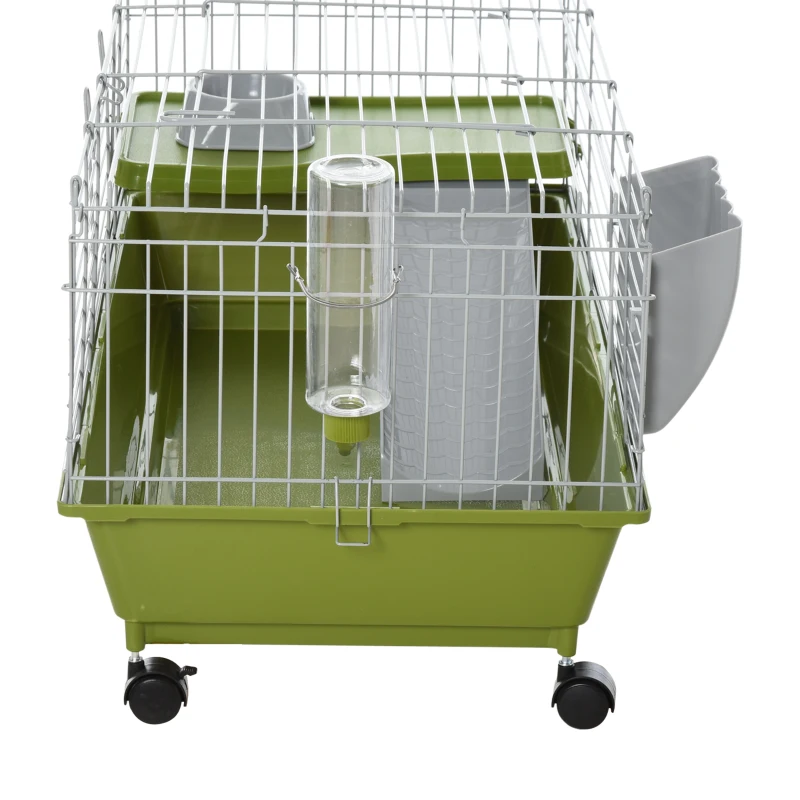 PawHut 35"L Small Animal Cage, Rolling Bunny Cage, Guinea Pig Cage with Food Dish, Water Bottle, Hay Feeder, Platform, Ramp for Chinchilla, Green