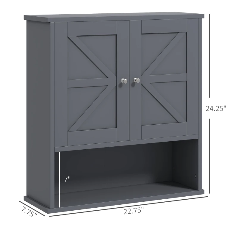 kleankin Farmhouse Bathroom Medicine Cabinet, Wall Cabinet with Barn Doors and Adjustable Shelf for Laundry Room, Gray