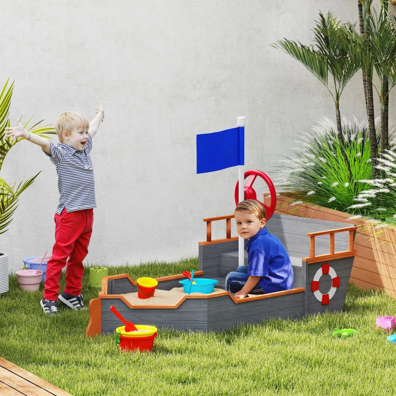 Outsunny Kids Wooden Sandbox Pirate Ship Sandboat w/ Bench Seat Storage Space Ceder Wood, Gray