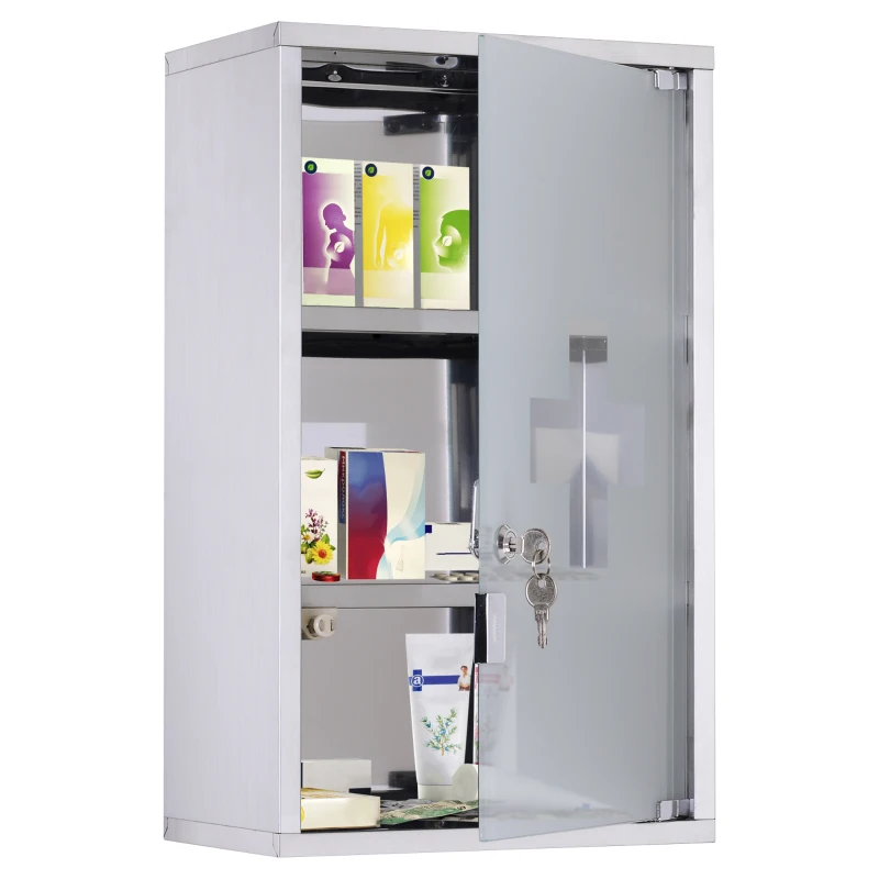 HOMCOM 12" x 20" Lockable Medicine Cabinet, 3 Tier Stainless Steel Medical Wall Box with 2 Keys and Shelves for Bathroom