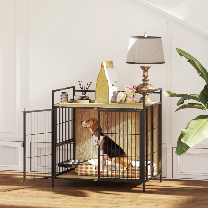 PawHut 30 Inch Dog Crate Furniture, Indoor Pet Kennel Side Table with Rotatable Bowls, 2 Anti-Escape Doors, for M Dogs, Oak