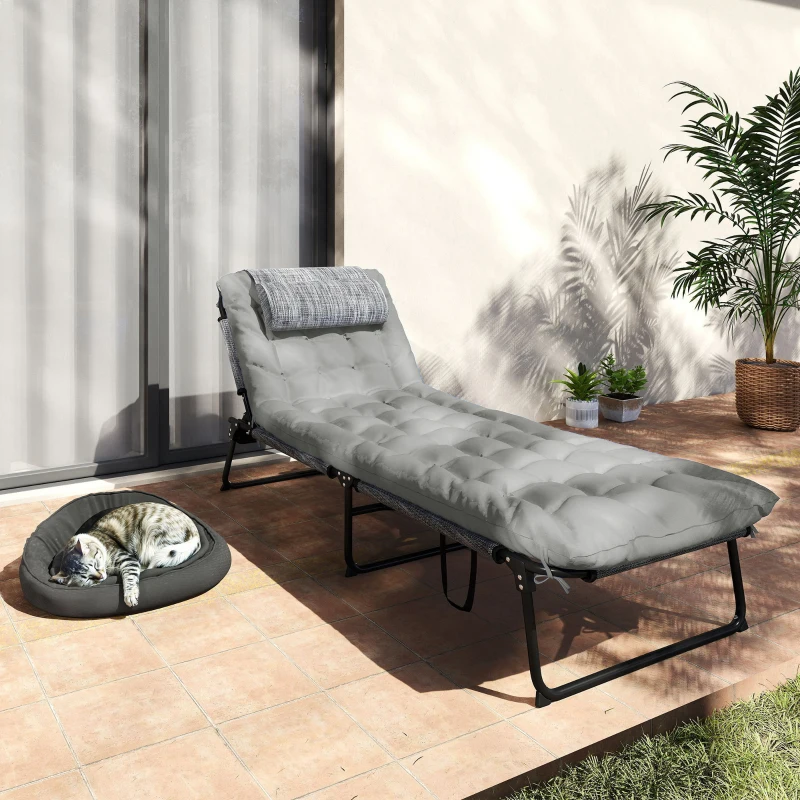Outsunny Folding Lounge Chair with 4-level Reclining Back & Cushion, Grey