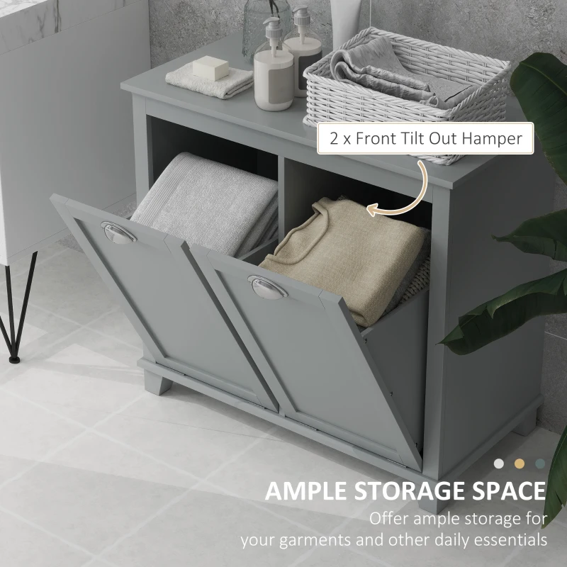 HOMCOM Dual Tilt out Laundry Hamper Cabinet, Bathroom Storage Cabinet with 2-Compartment Hamper, Modern Bathroom Floor Cabinet for Washroom, Gray