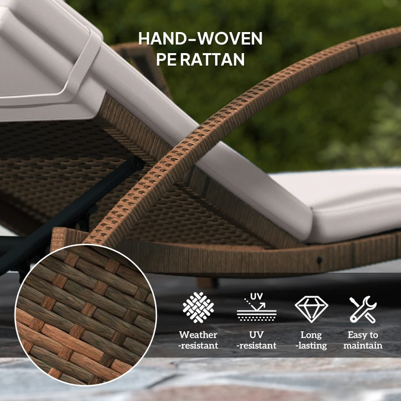 Outsunny Set of 2 Wicker Chaise Lounge Chair Outdoor Patio Lounger with 5 Adjustable Back, Wheels, Cushion, and Armrests, Beige