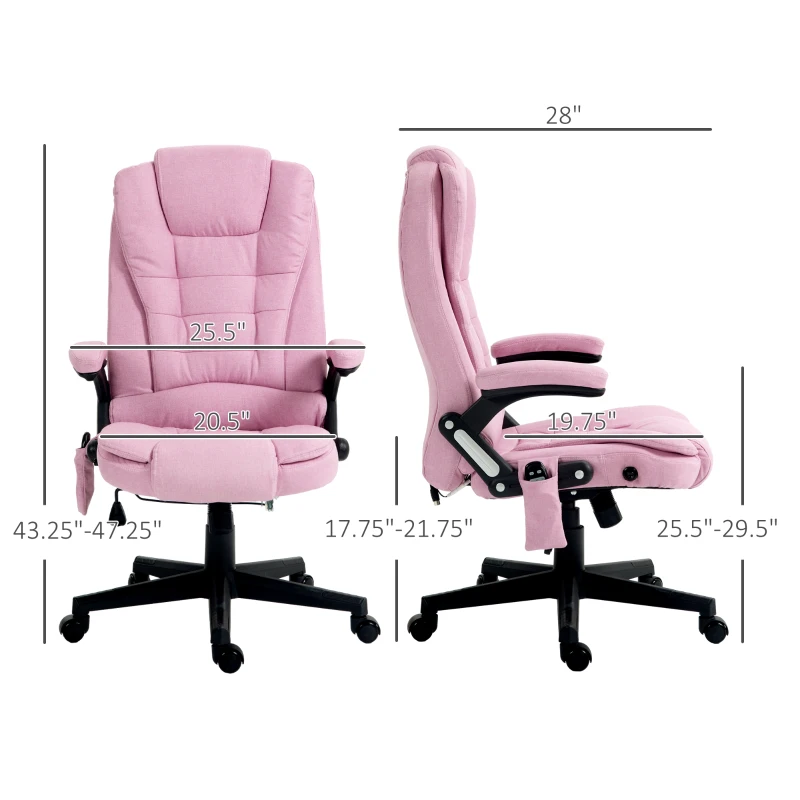 HOMCOM 6 Point Vibrating Massage Office Chair with Heat, Linen High Back Massage Desk Chair with Reclining Backrest, Pink