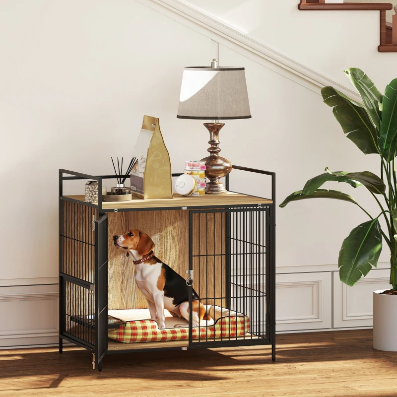 PawHut 30 Inch Dog Crate Furniture, Indoor Pet Kennel Side Table with Rotatable Bowls, 2 Anti-Escape Doors, for M Dogs, Oak