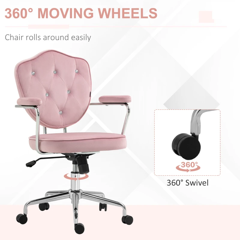 HOMCOM Cute Office Chair, Desk Chair with Button Tufted Velvet-feel Fabric, Swivel Computer Vanity Chair, Pink