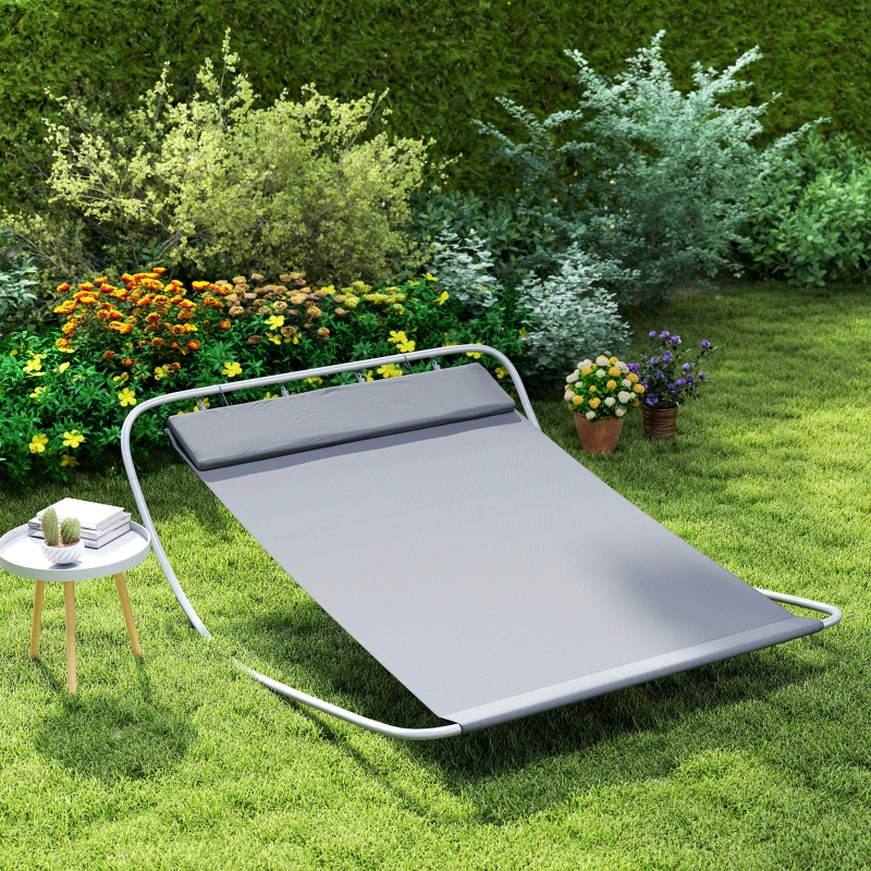 Outsunny Double Rocking Sun Lounger Hammock Bed with Steel Frame and Headrest for Garden Beach and Pool 7'L x 5.7'W